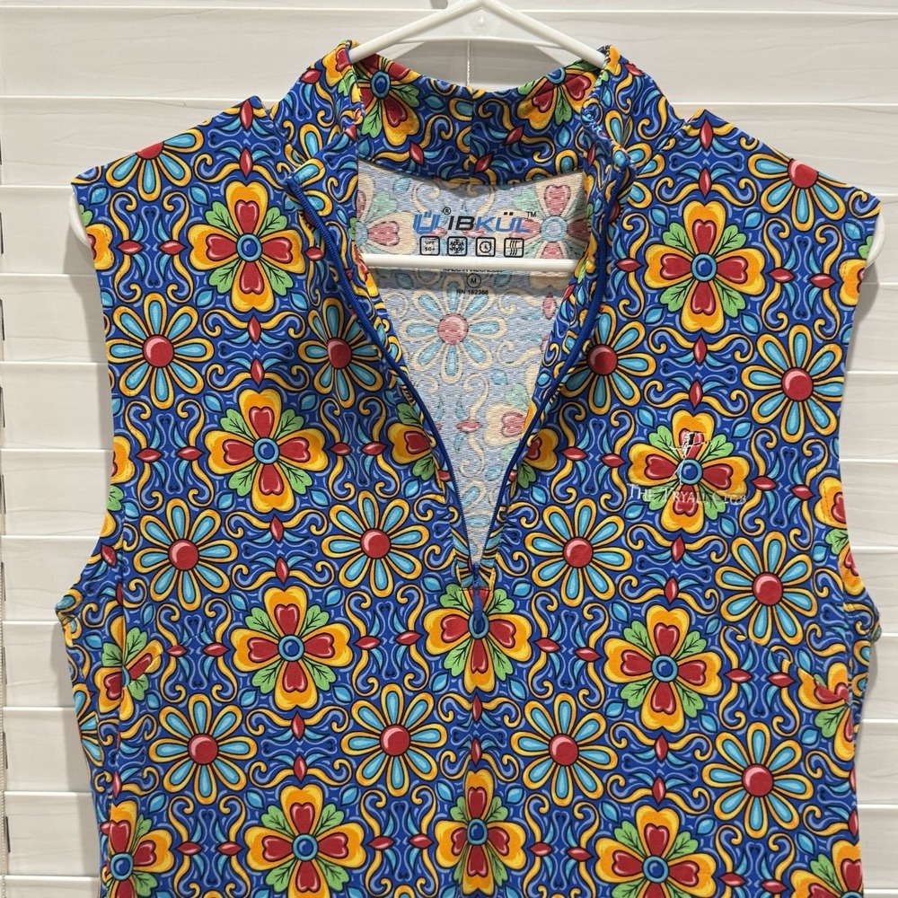 IBKUL SCARLET BLUE Sleeveless Geometric Print Mock Neck Golf Dress Sz M UPF50 - Picture 2 of 8
